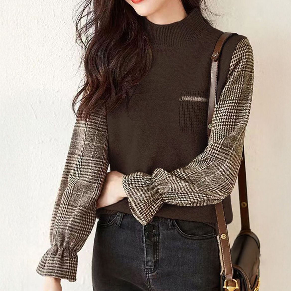 フォーマルカジュアル 参観日にも最適チェック袖ドッキングニット秋冬レディース
