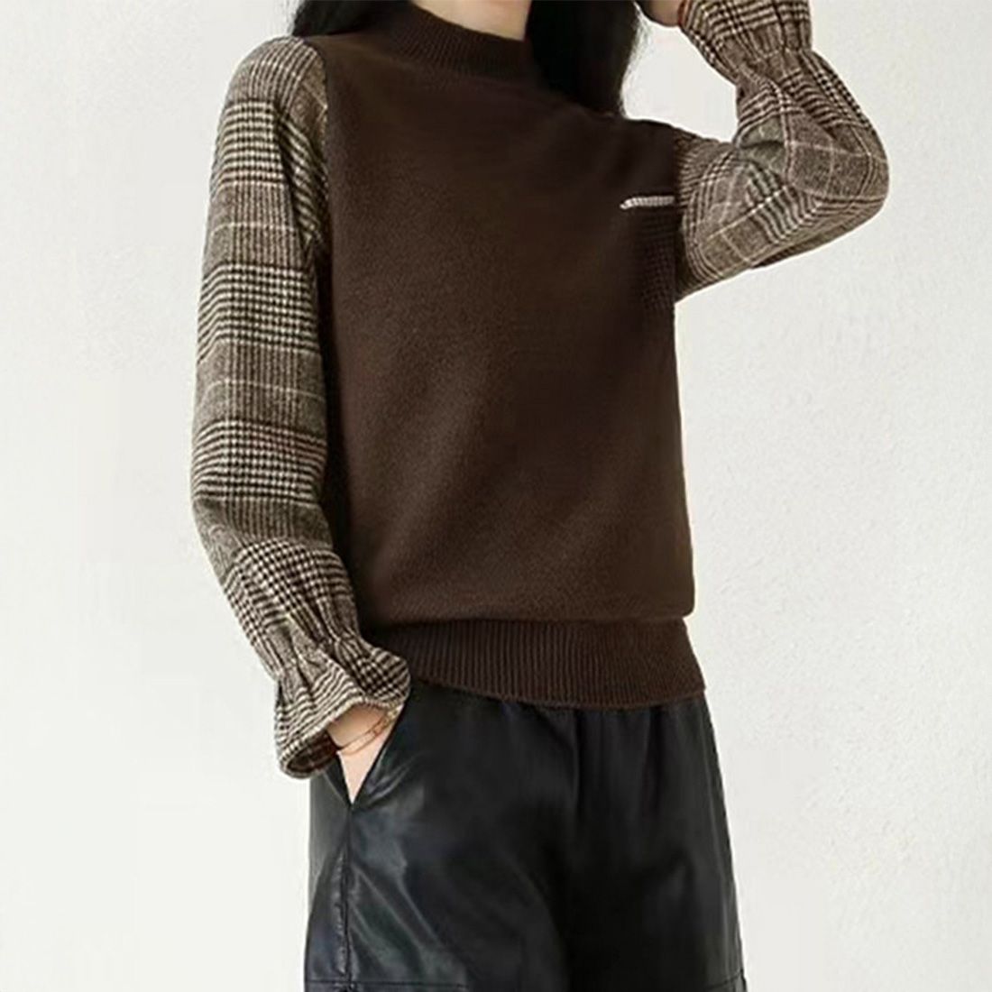 フォーマルカジュアル 参観日にも最適チェック袖ドッキングニット秋冬レディース