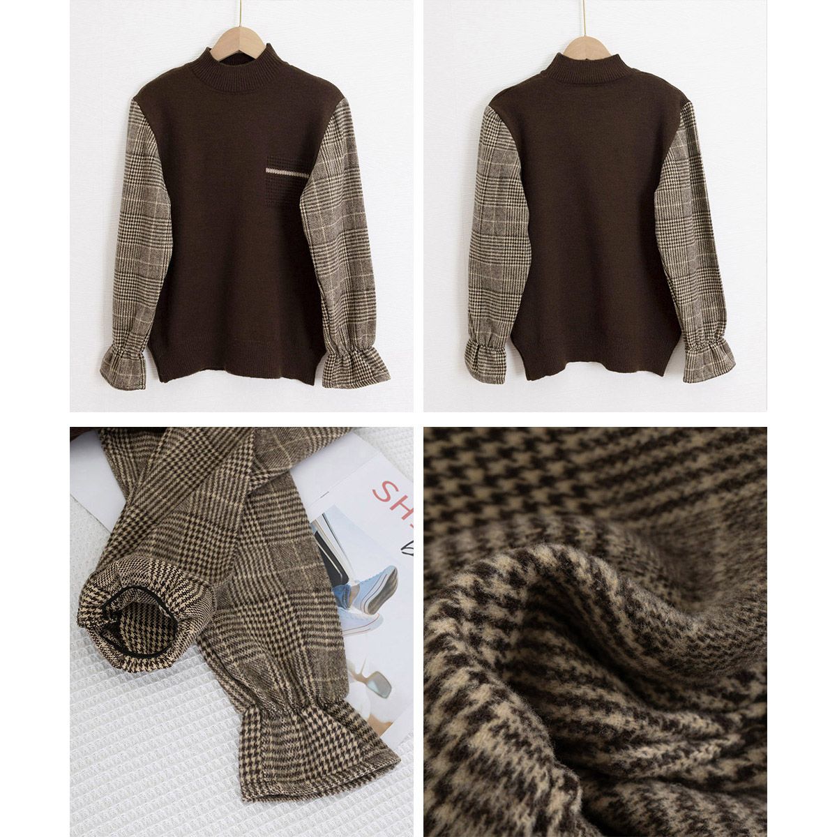 フォーマルカジュアル 参観日にも最適チェック袖ドッキングニット秋冬レディース