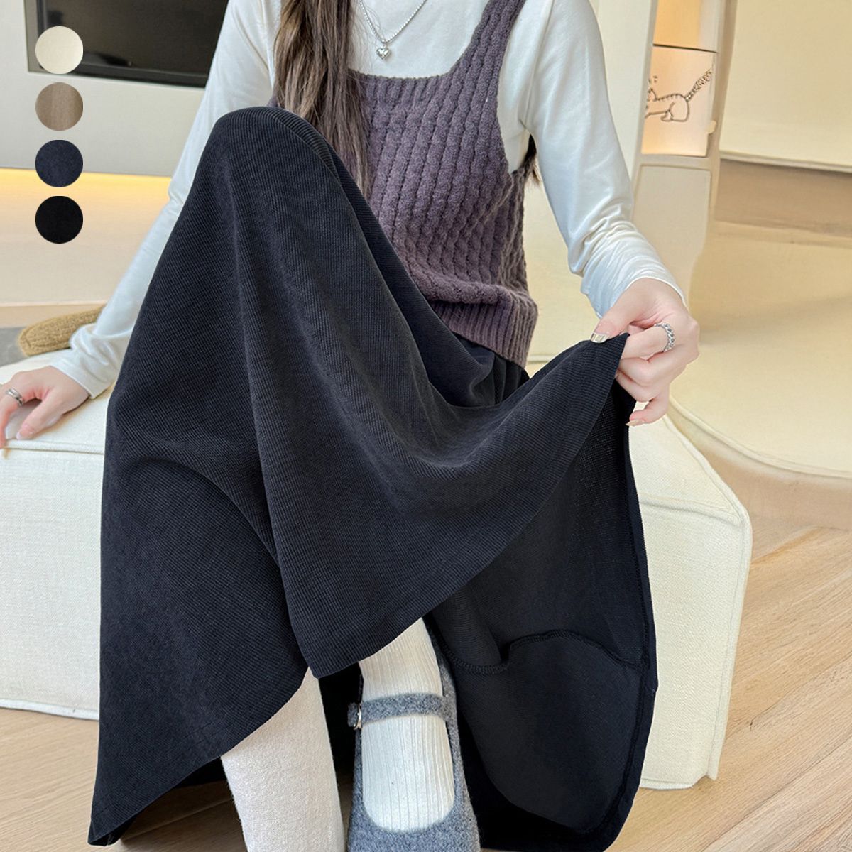 フォーマルカジュアル 通勤用裾広がりフレアスカート膝下丈