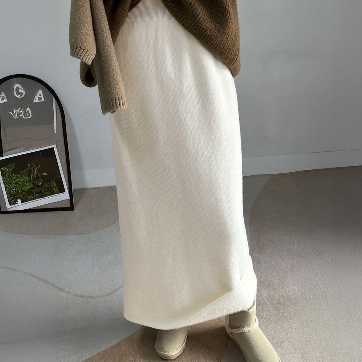 フォーマルカジュアル 参観日対応裏起毛ニットタイトスカート厚手