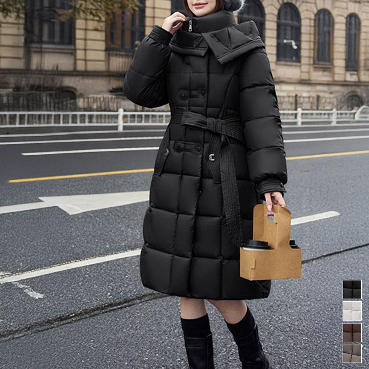 フォーマルカジュアル 通勤用フード付き中綿ロングコート ウエストベルト