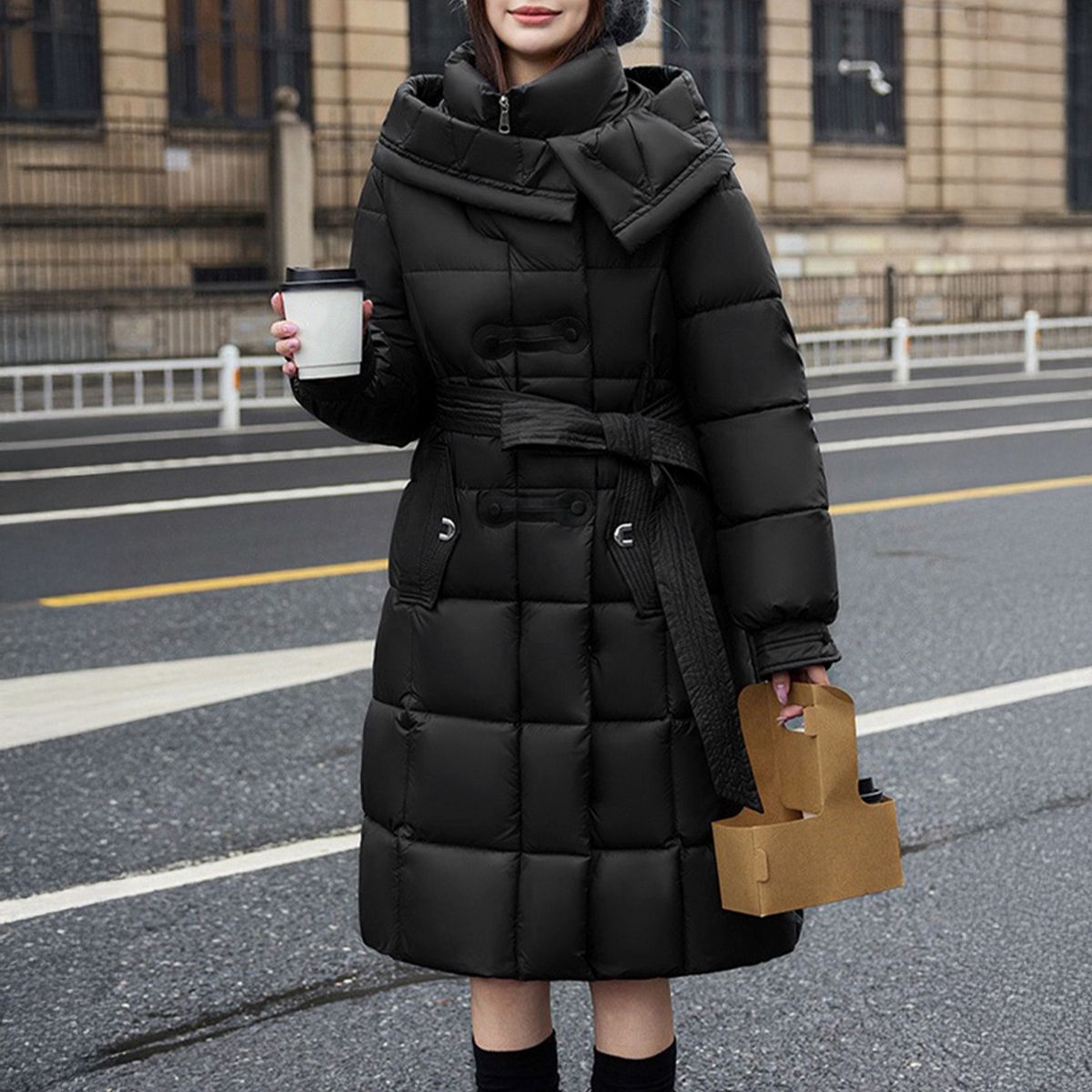 フォーマルカジュアル 通勤用フード付き中綿ロングコート ウエストベルト