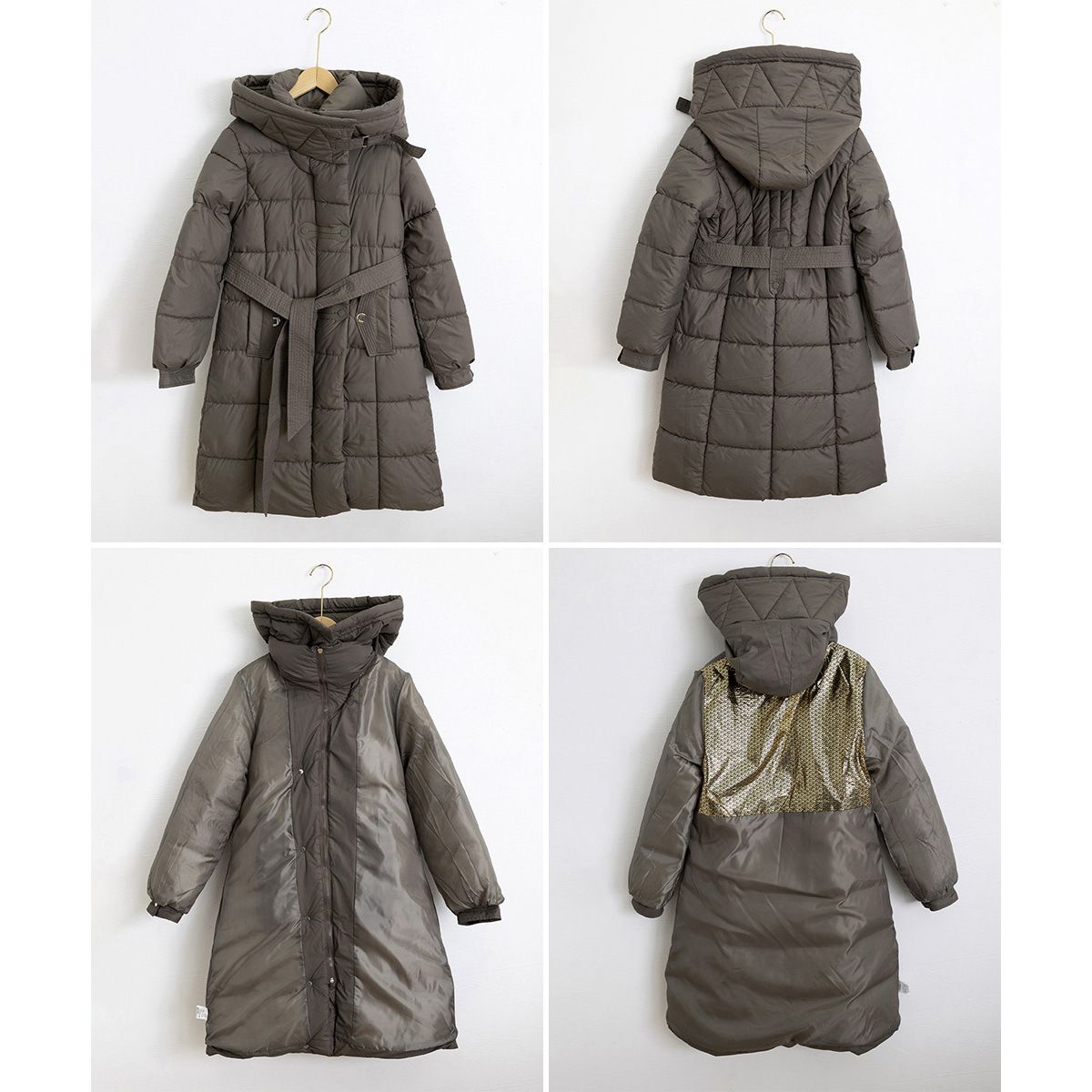 フォーマルカジュアル 通勤用フード付き中綿ロングコート ウエストベルト