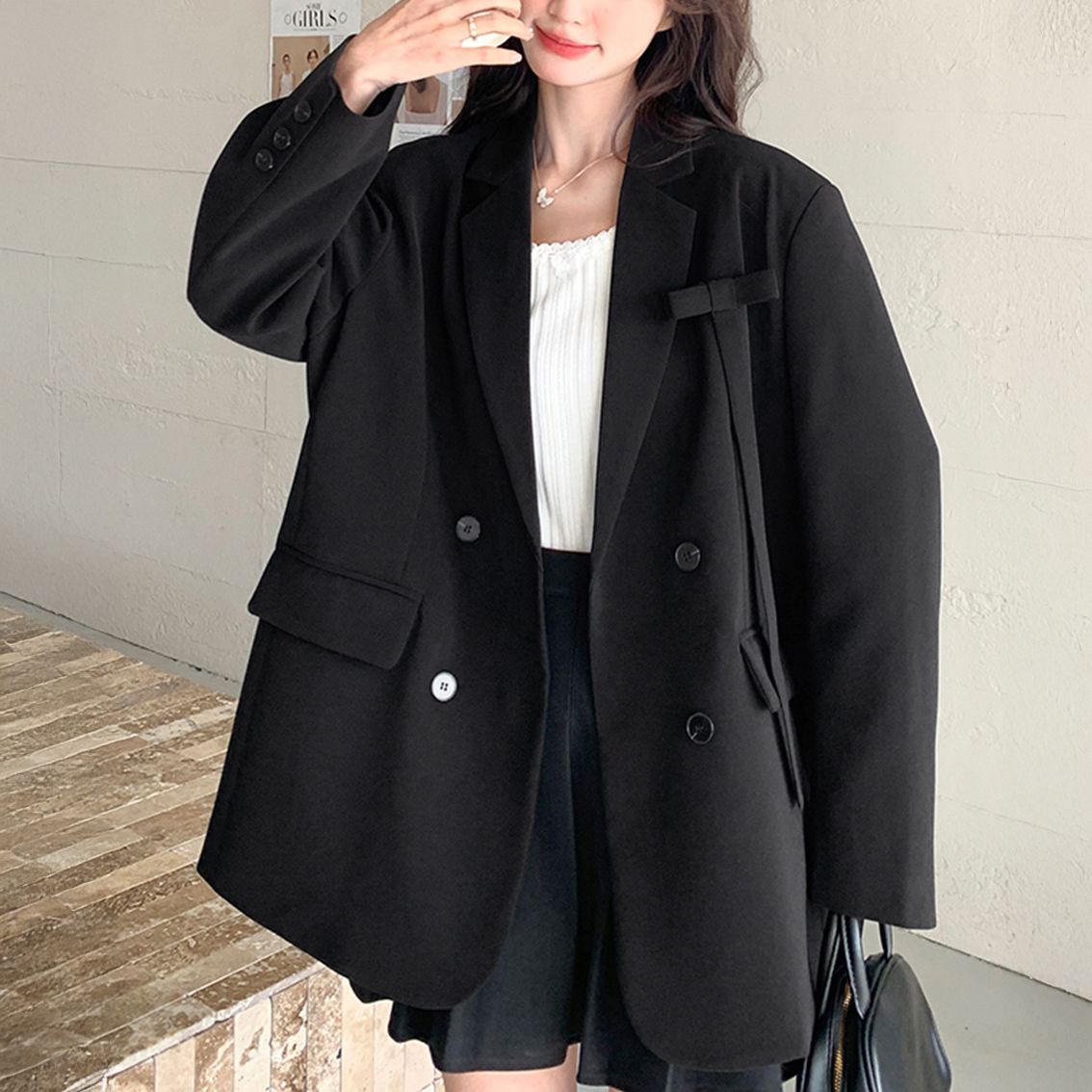 フォーマルカジュアル 通勤用ダブルボタンテーラード長袖黒ジャケット