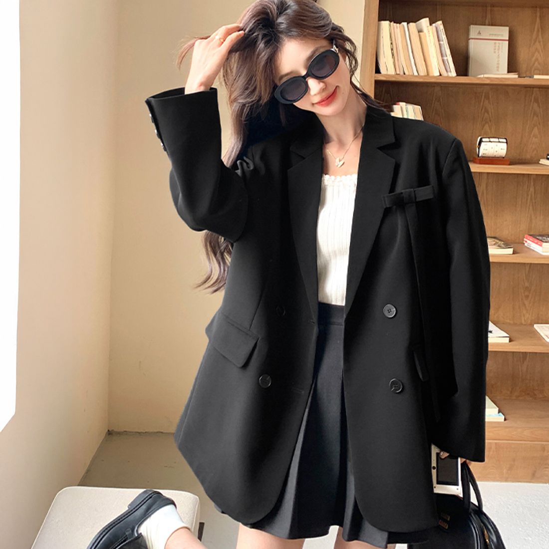 フォーマルカジュアル 通勤用ダブルボタンテーラード長袖黒ジャケット