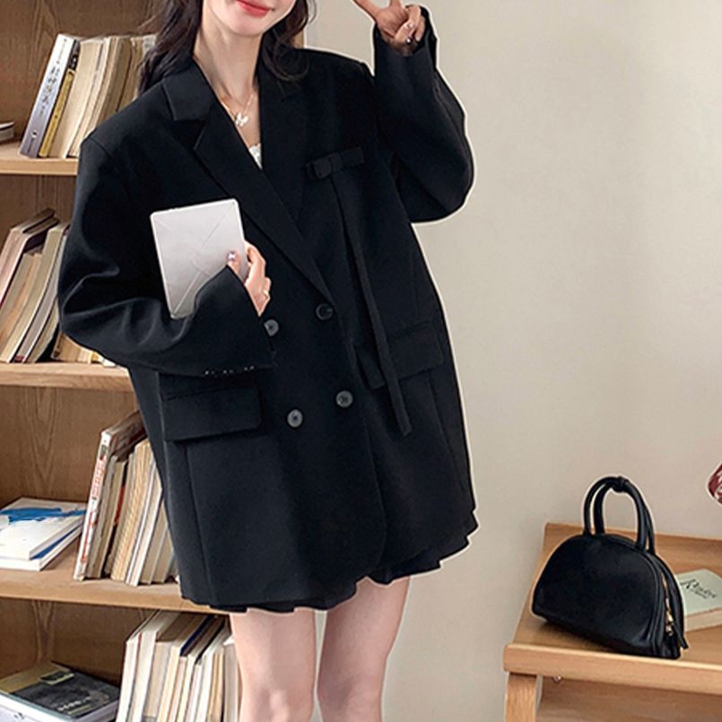 フォーマルカジュアル 通勤用ダブルボタンテーラード長袖黒ジャケット