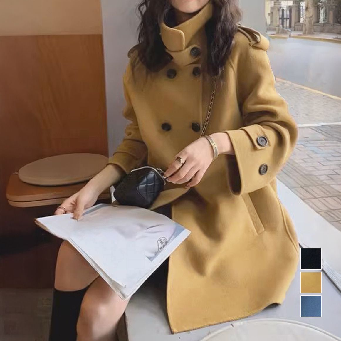 フォーマルカジュアル 通勤用ダブルボタントレンチコート中丈