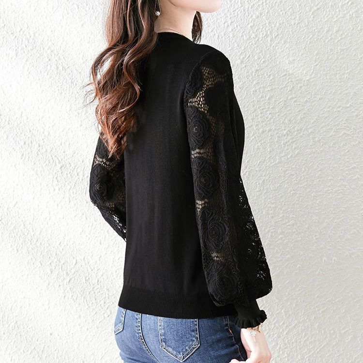 フォーマルカジュアル 通勤用レース袖切り替え長袖薄手ニットトップス