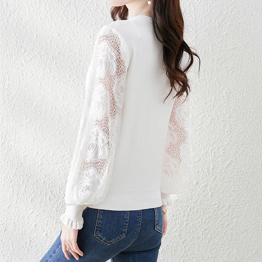 フォーマルカジュアル 通勤用レース袖切り替え長袖薄手ニットトップス