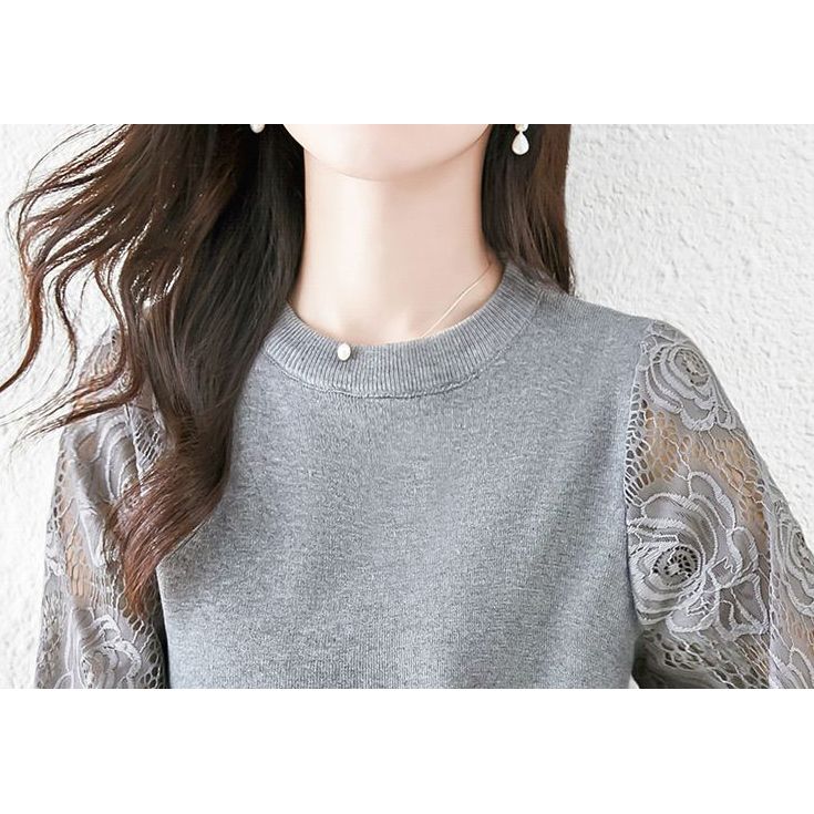 フォーマルカジュアル 通勤用レース袖切り替え長袖薄手ニットトップス