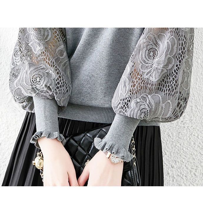フォーマルカジュアル 通勤用レース袖切り替え長袖薄手ニットトップス