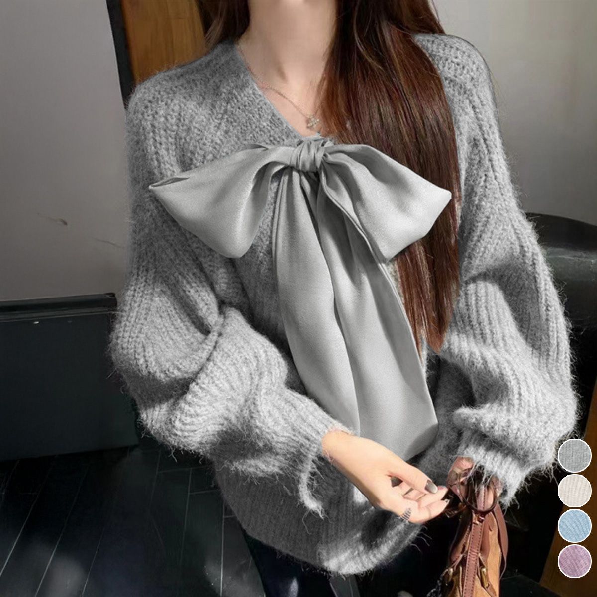 フォーマルカジュアル 参観日リボン結びニットプルオーバー