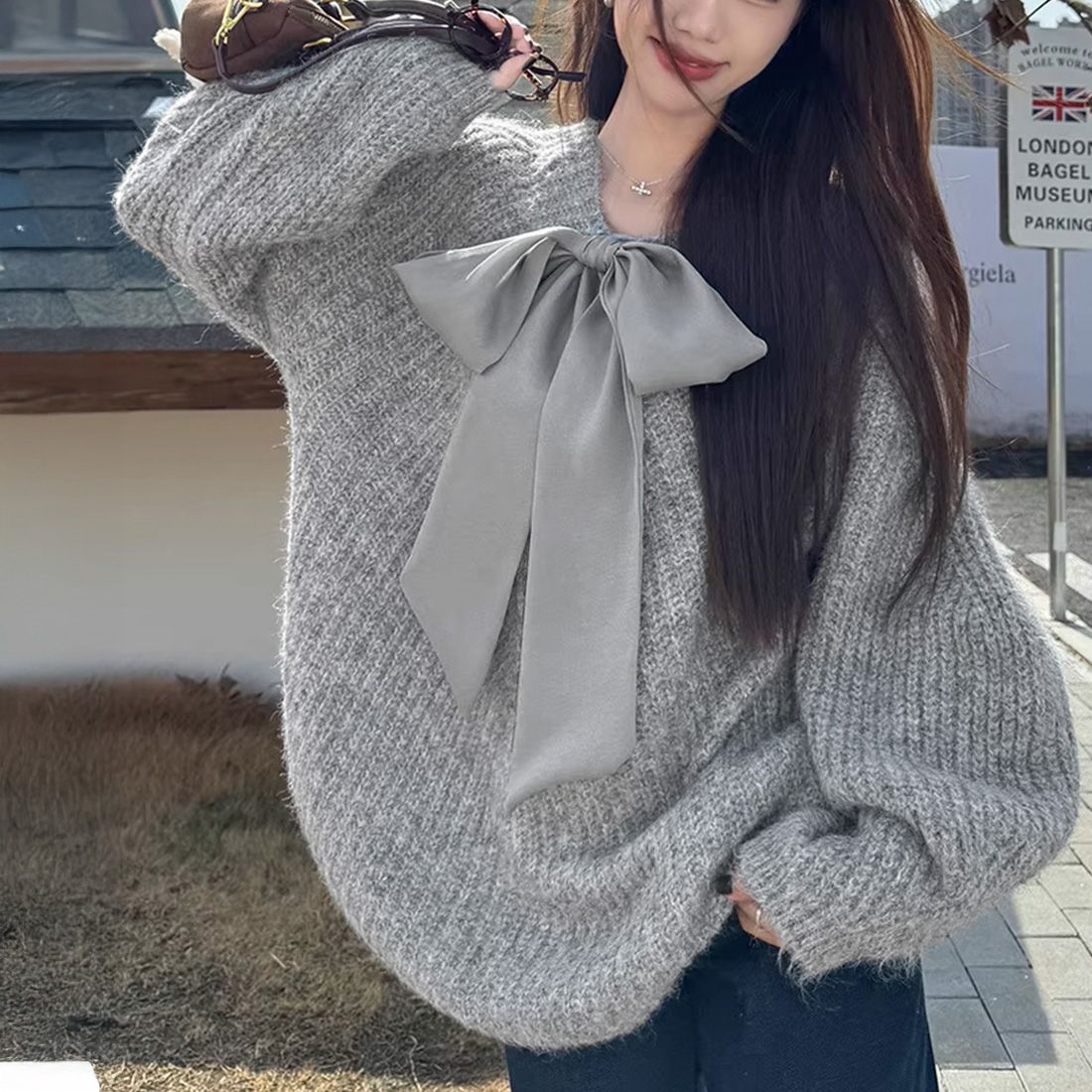 フォーマルカジュアル 参観日リボン結びニットプルオーバー