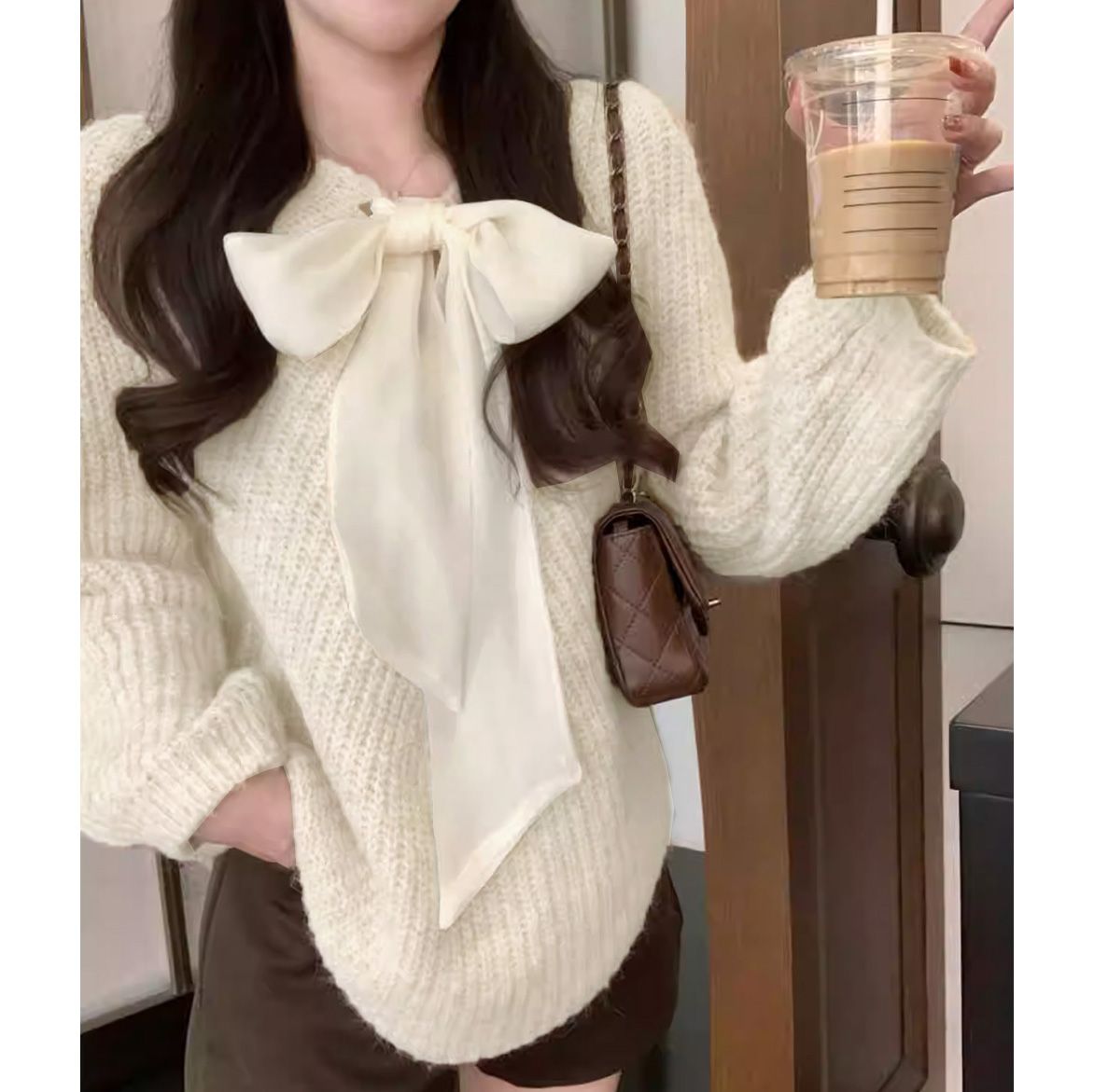 フォーマルカジュアル 参観日リボン結びニットプルオーバー