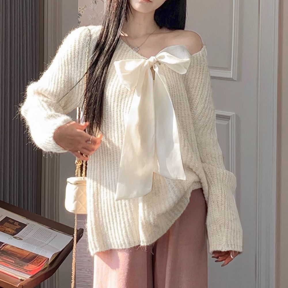 フォーマルカジュアル 参観日リボン結びニットプルオーバー