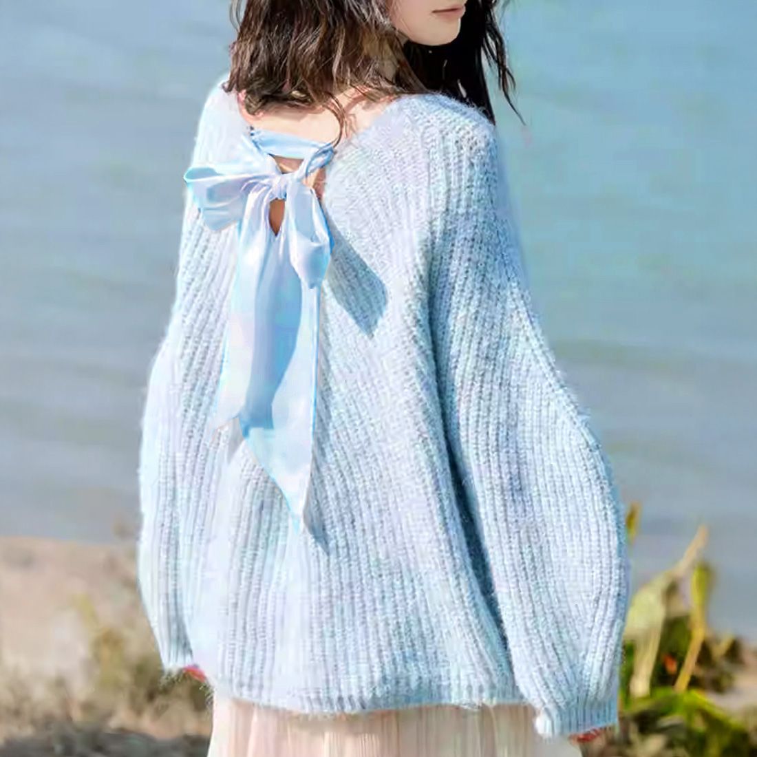 フォーマルカジュアル 参観日リボン結びニットプルオーバー