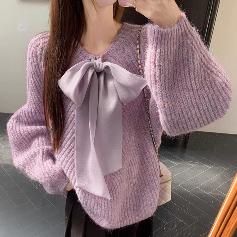 フォーマルカジュアル 参観日リボン結びニットプルオーバー