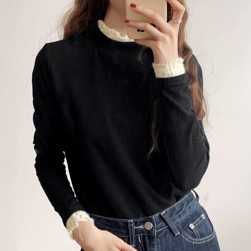 フォーマルカジュアル 参観日対応レースフリル付きハイネックリブニット