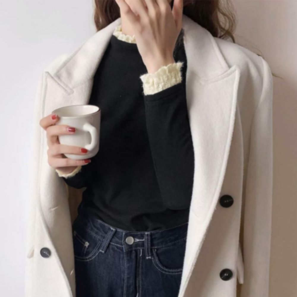 フォーマルカジュアル 参観日対応レースフリル付きハイネックリブニット