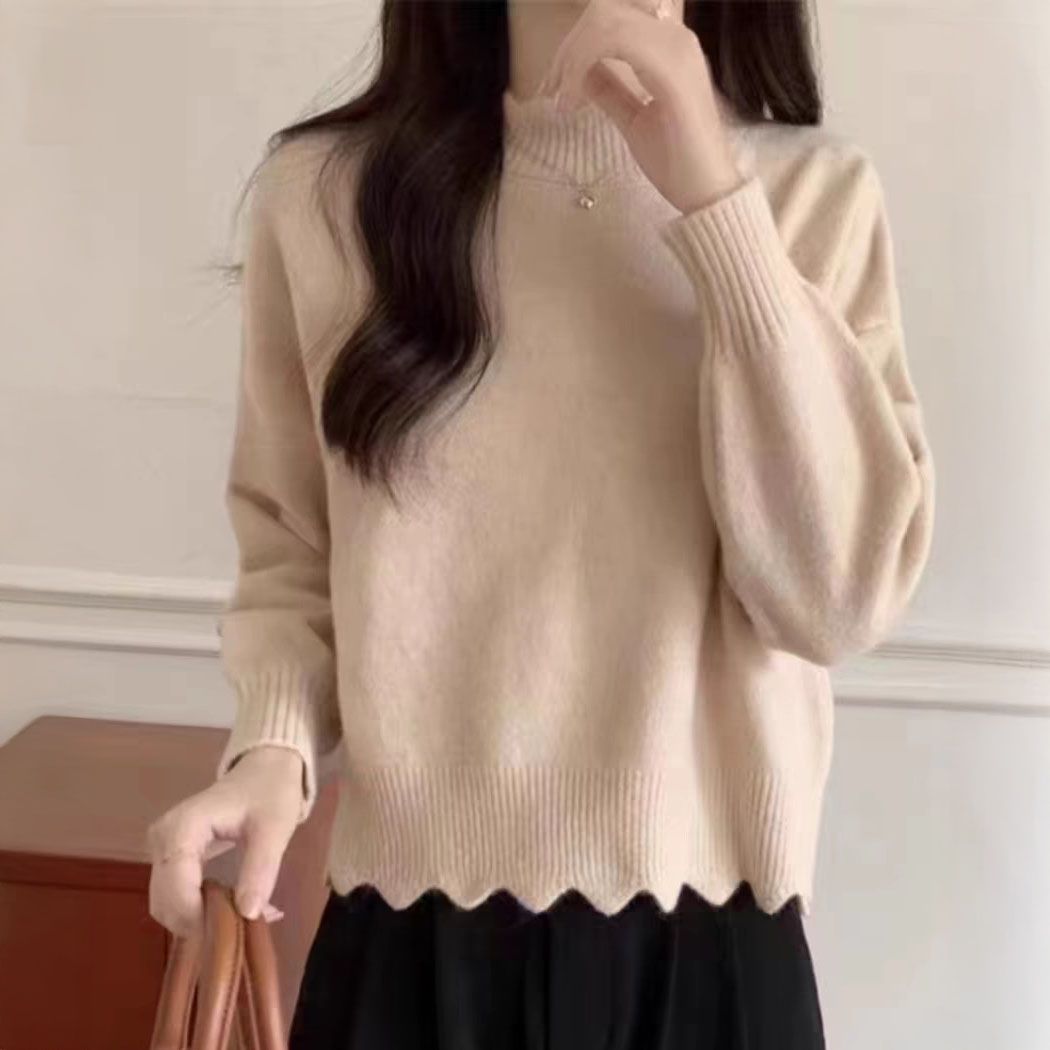 フォーマルカジュアル 参観日対応フリルネック無地ニットセーター
