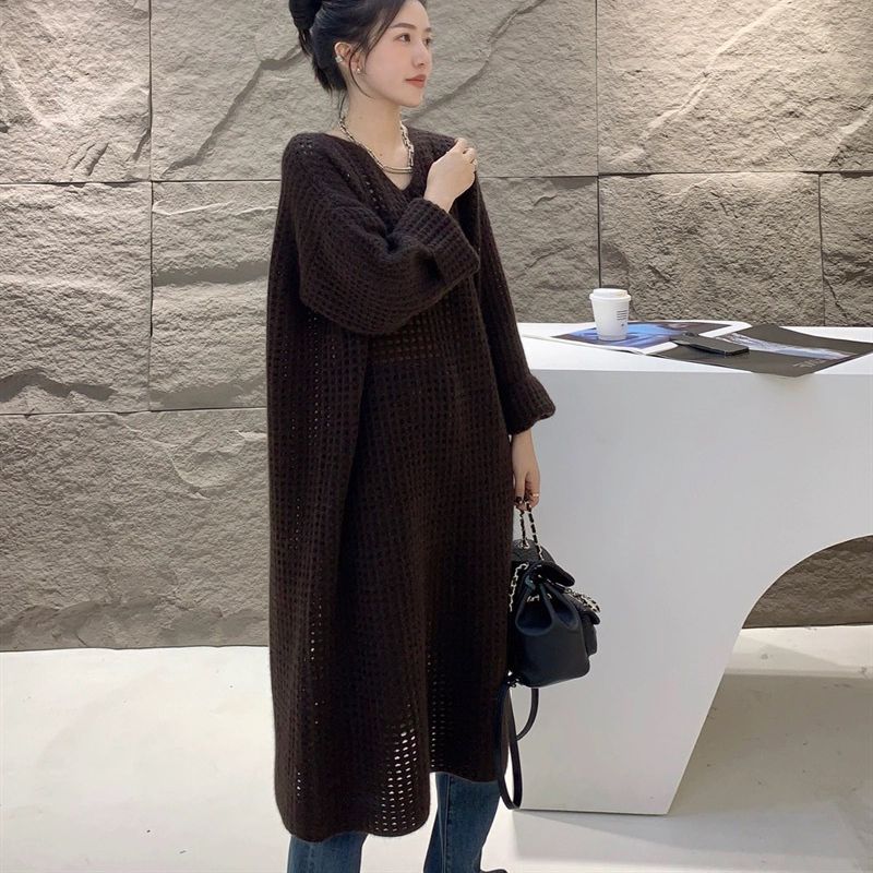 フォーマルカジュアル 通勤用 透かし編み長袖ワンピース ブイネック きれいめ