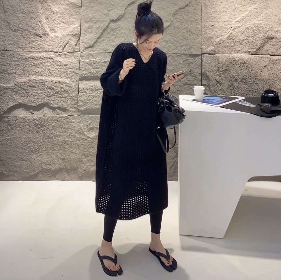 フォーマルカジュアル 通勤用 透かし編み長袖ワンピース ブイネック きれいめ