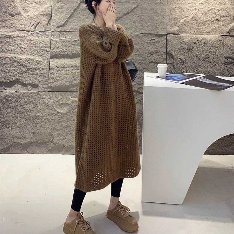 フォーマルカジュアル 通勤用 透かし編み長袖ワンピース ブイネック きれいめ