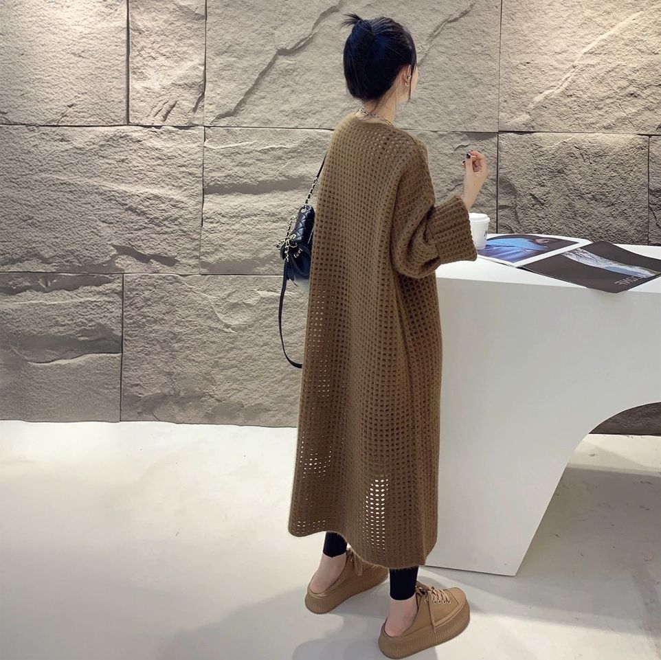 フォーマルカジュアル 通勤用 透かし編み長袖ワンピース ブイネック きれいめ
