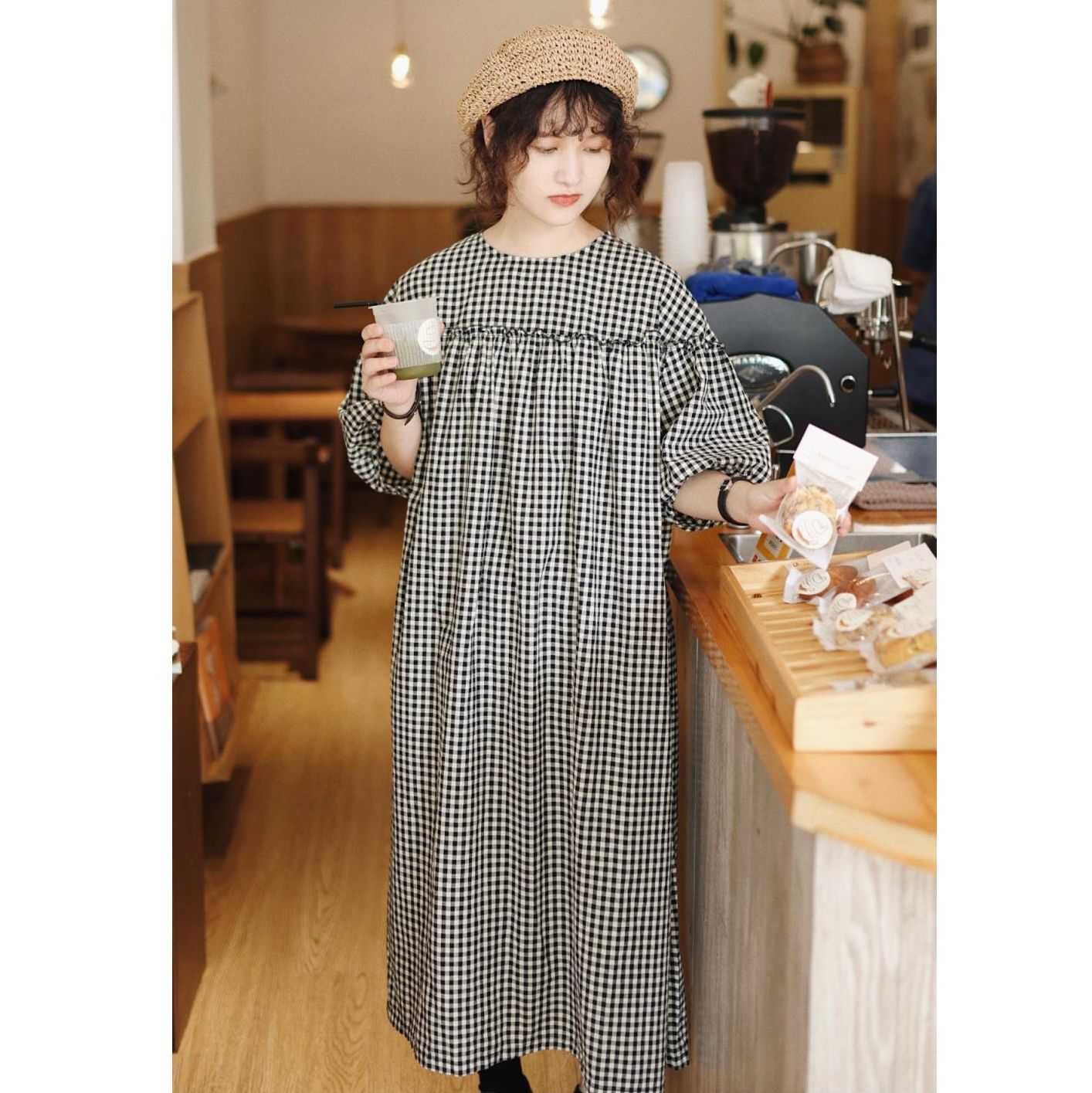 フォーマルカジュアル 参観日対応 綿麻チェック柄ワンピース マタニティ ロング