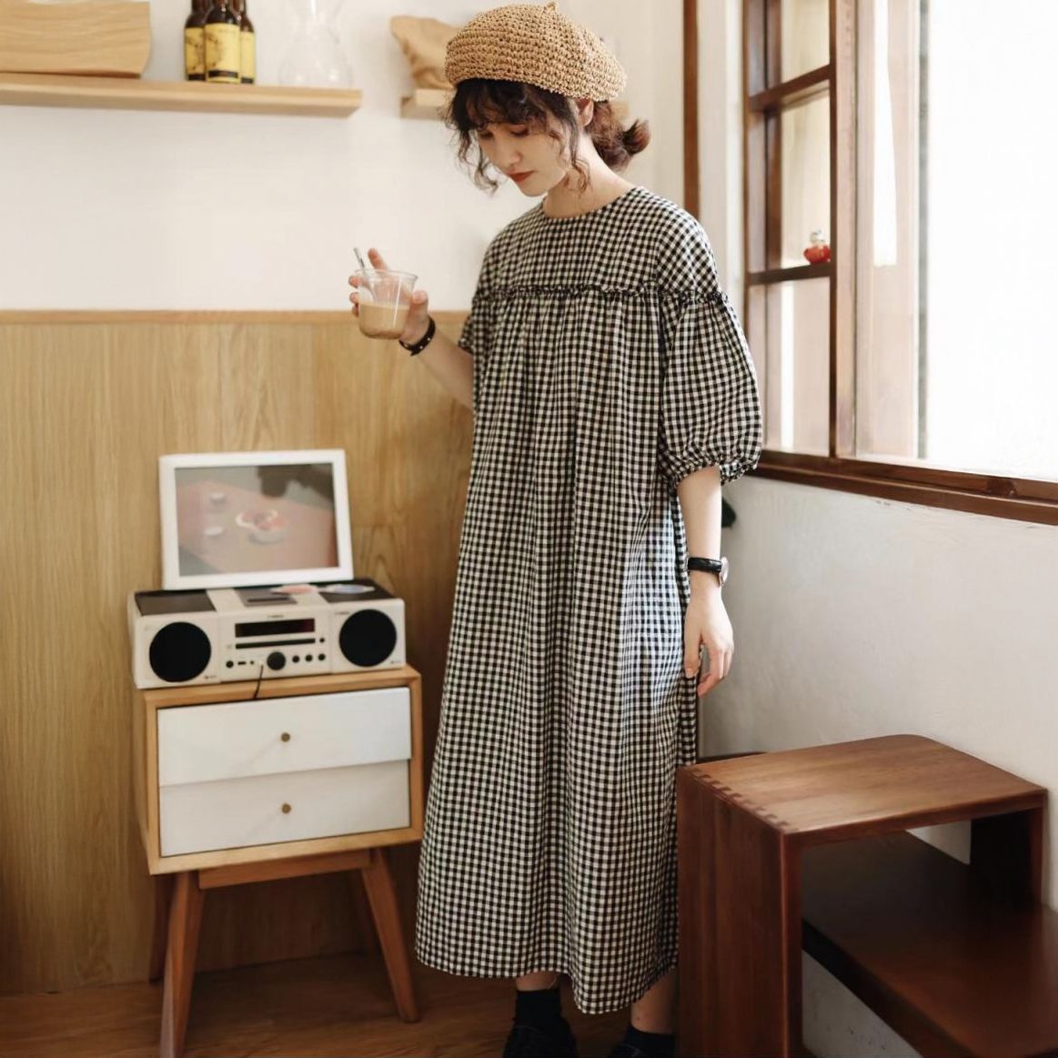 フォーマルカジュアル 参観日対応 綿麻チェック柄ワンピース マタニティ ロング