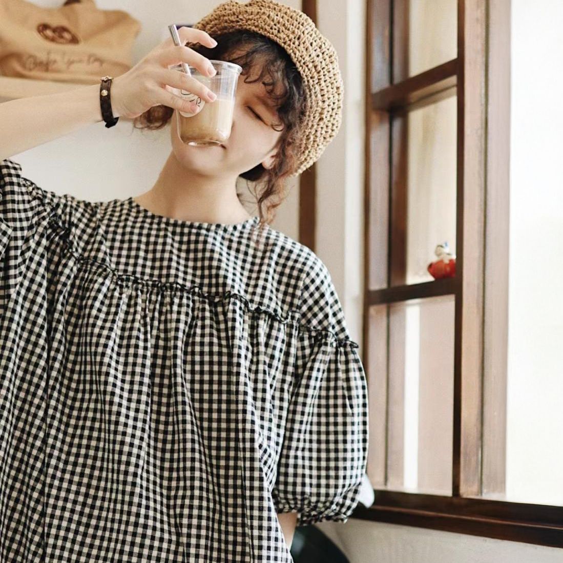 フォーマルカジュアル 参観日対応 綿麻チェック柄ワンピース マタニティ ロング