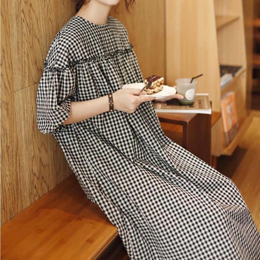 フォーマルカジュアル 参観日対応 綿麻チェック柄ワンピース マタニティ ロング
