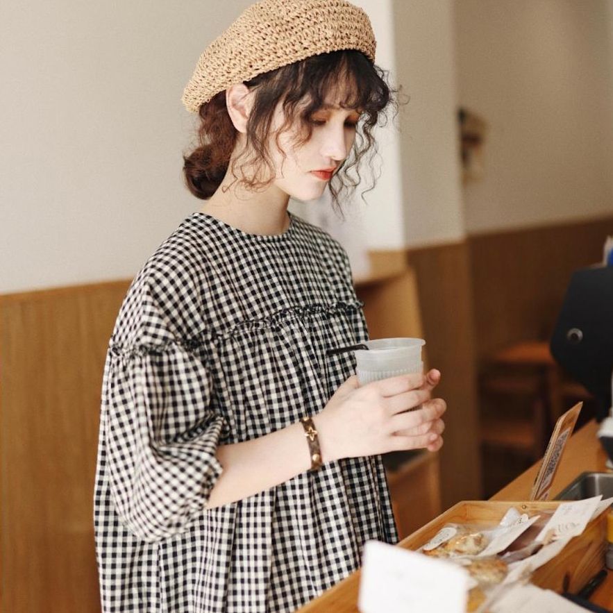 フォーマルカジュアル 参観日対応 綿麻チェック柄ワンピース マタニティ ロング