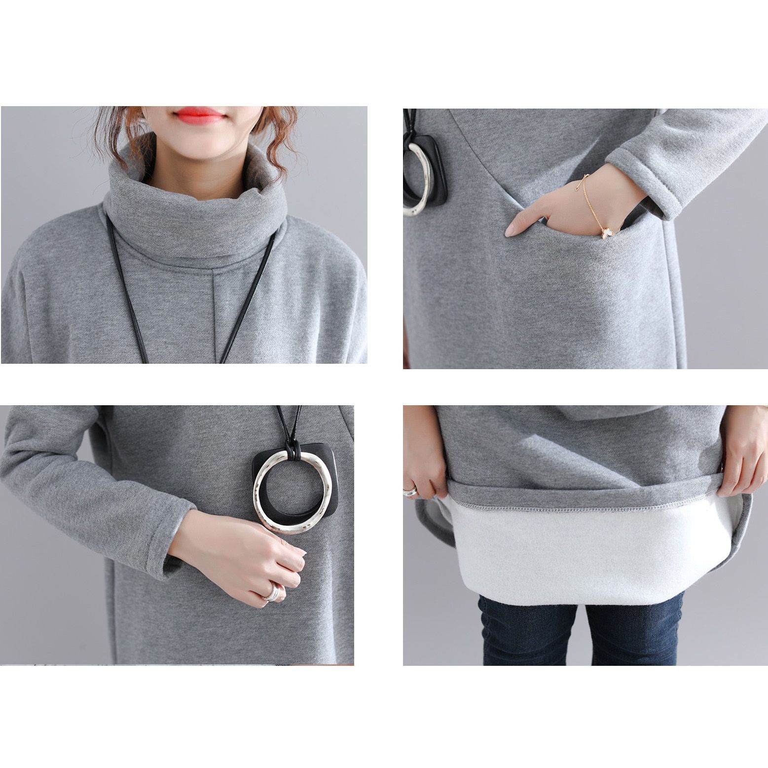 フォーマルカジュアル 通勤用裏起毛タートルネックワンピース ポケット付き