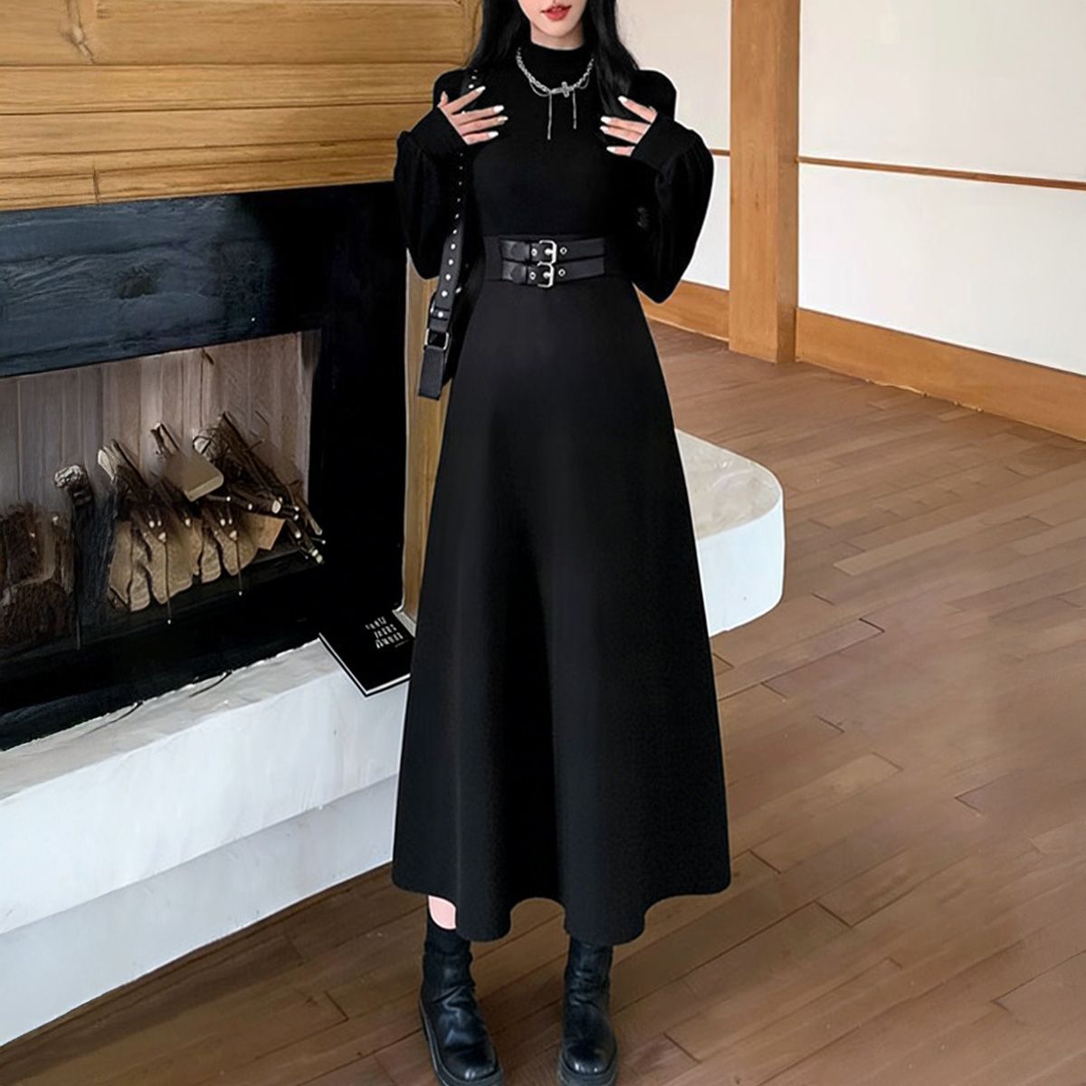 フォーマルカジュアル 通勤用ダブルベルト飾りロングワンピース黒