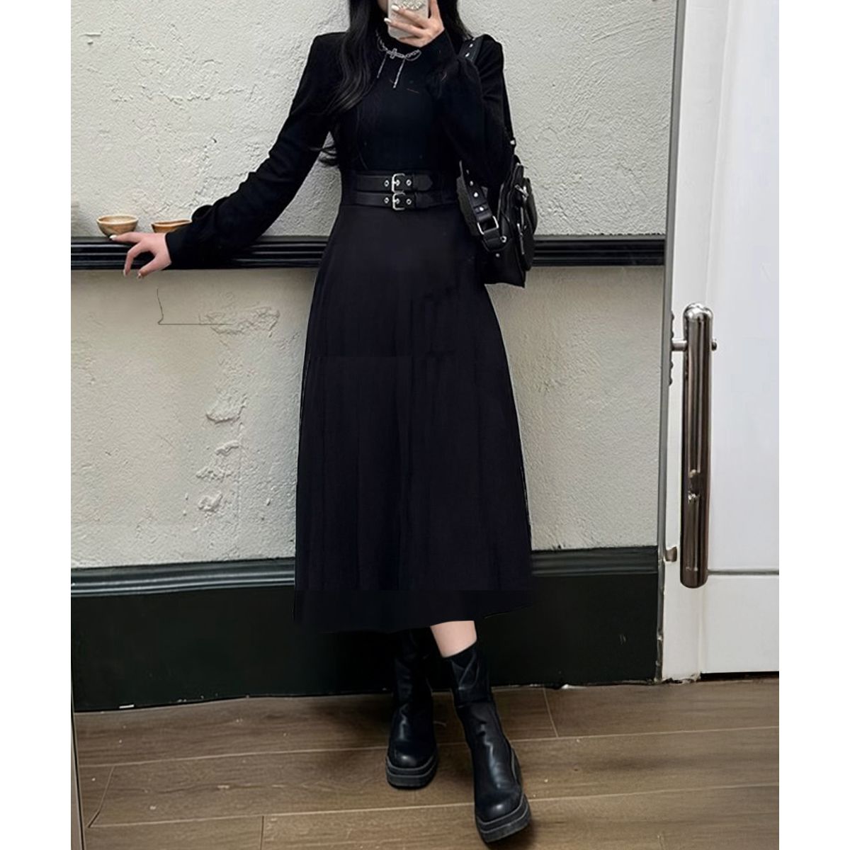 フォーマルカジュアル 通勤用ダブルベルト飾りロングワンピース黒