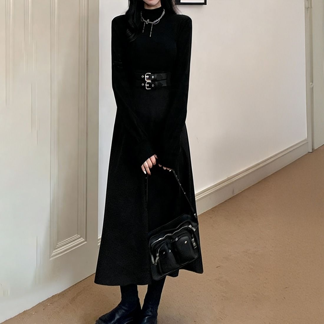 フォーマルカジュアル 通勤用ダブルベルト飾りロングワンピース黒
