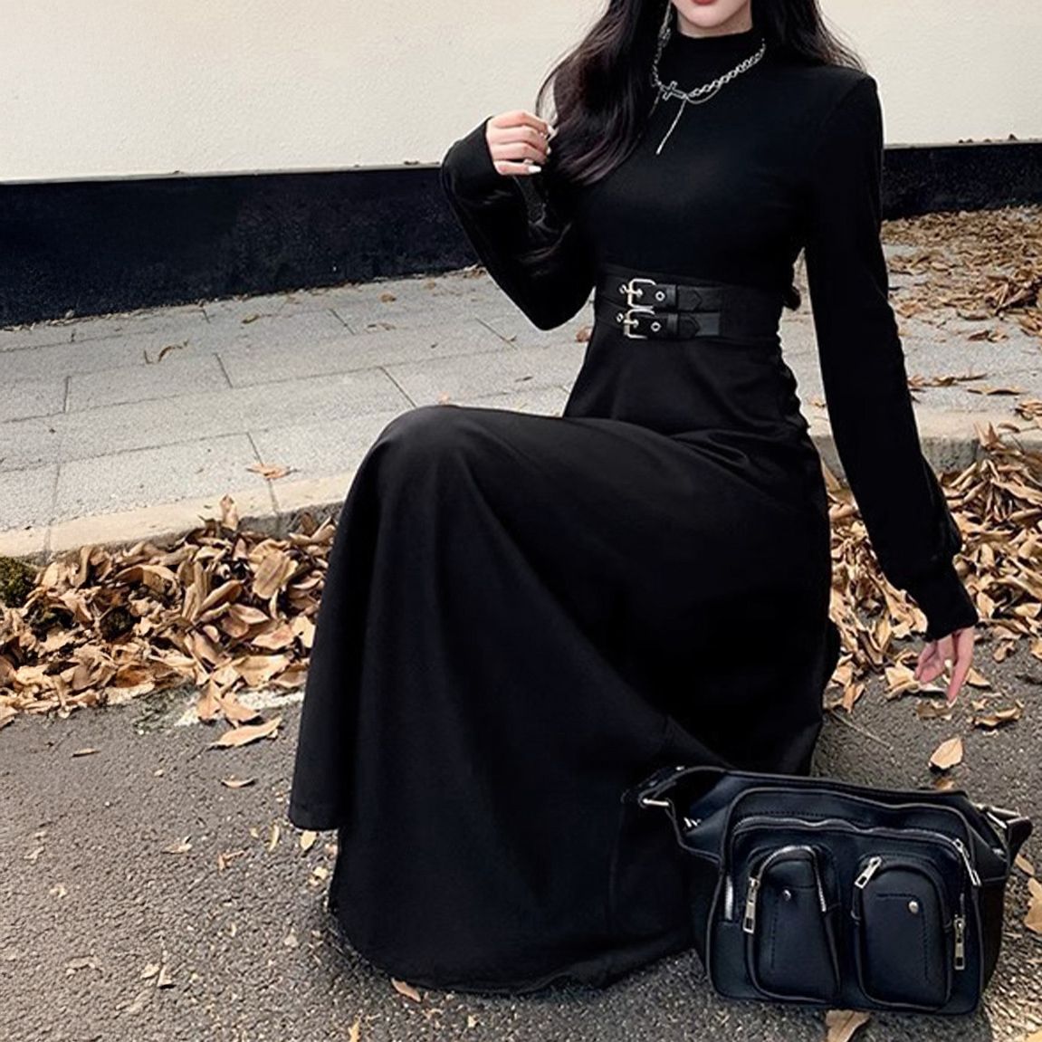 フォーマルカジュアル 通勤用ダブルベルト飾りロングワンピース黒