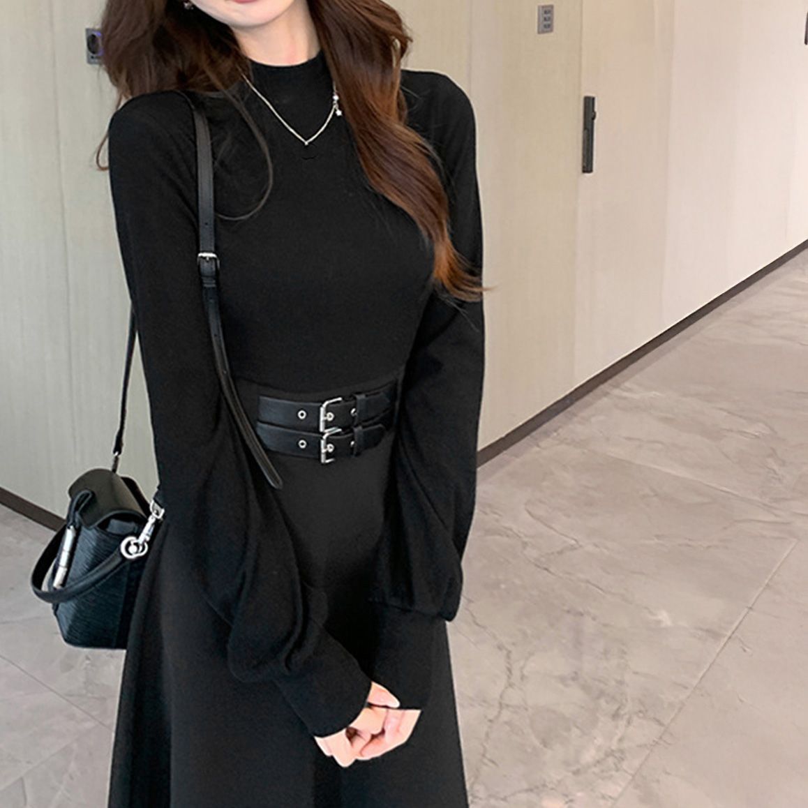 フォーマルカジュアル 通勤用ダブルベルト飾りロングワンピース黒