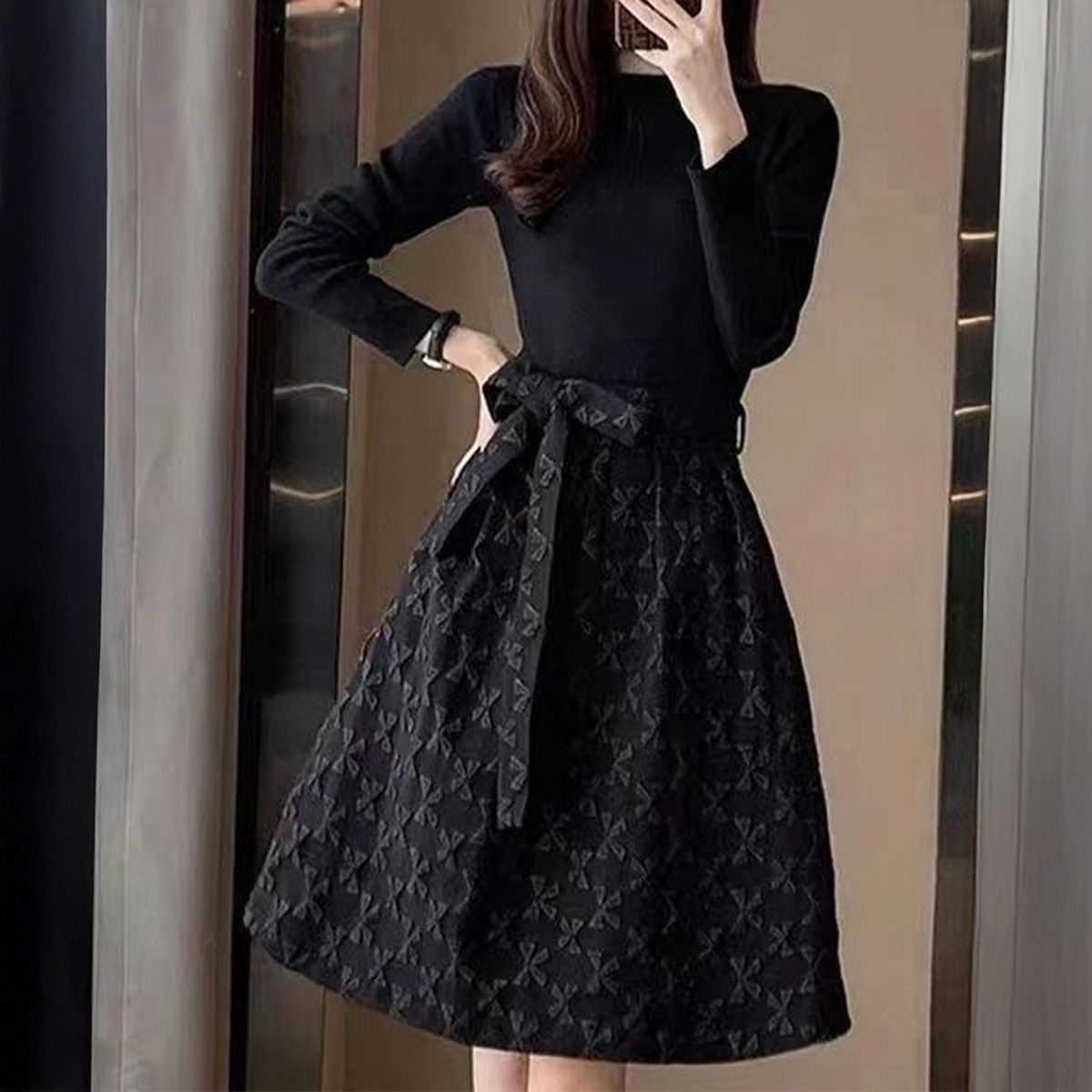 フォーマルカジュアル 入学式対応 リボン柄切替フレアワンピース ウエストベルト付