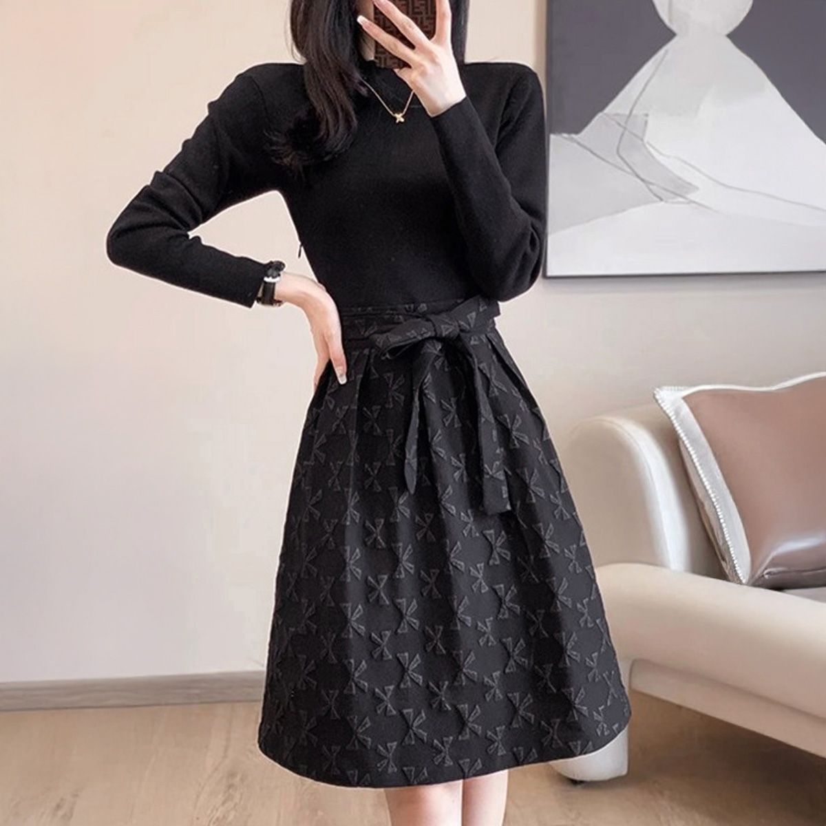 フォーマルカジュアル 入学式対応 リボン柄切替フレアワンピース ウエストベルト付