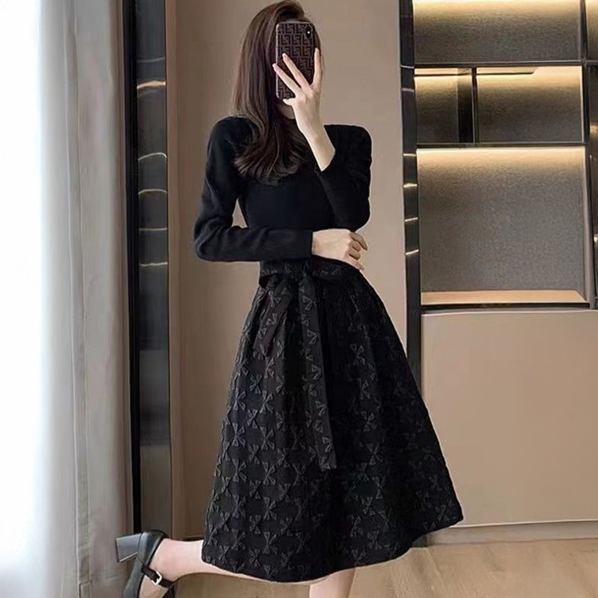 フォーマルカジュアル 入学式対応 リボン柄切替フレアワンピース ウエストベルト付