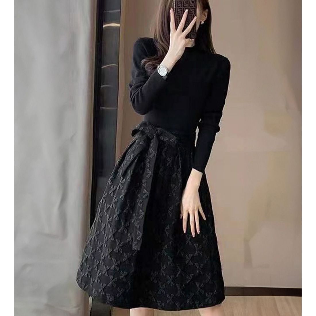 フォーマルカジュアル 入学式対応 リボン柄切替フレアワンピース ウエストベルト付