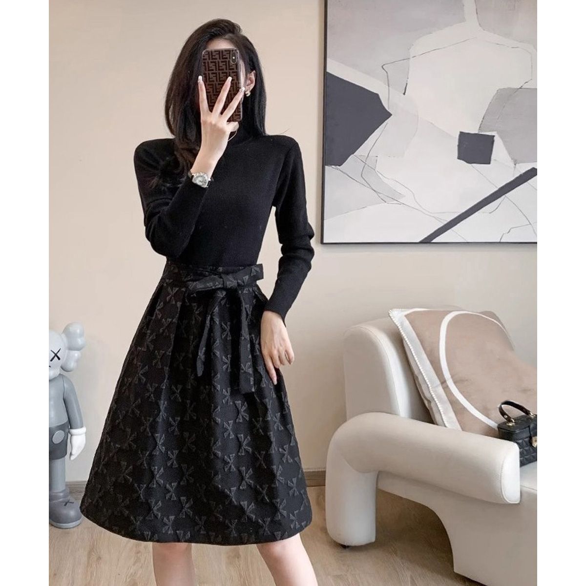 フォーマルカジュアル 入学式対応 リボン柄切替フレアワンピース ウエストベルト付