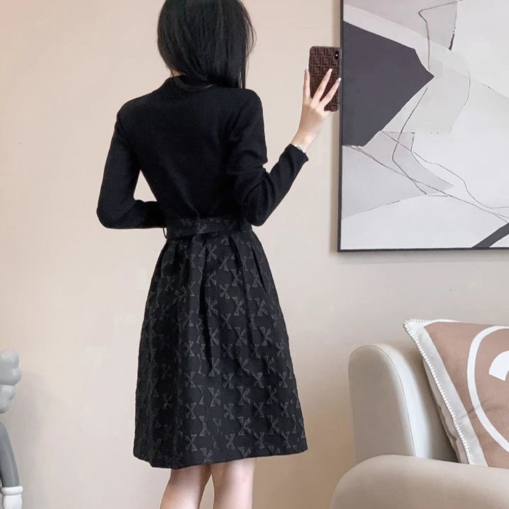 フォーマルカジュアル 入学式対応 リボン柄切替フレアワンピース ウエストベルト付