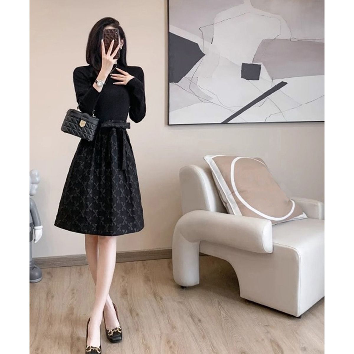 フォーマルカジュアル 入学式対応 リボン柄切替フレアワンピース ウエストベルト付