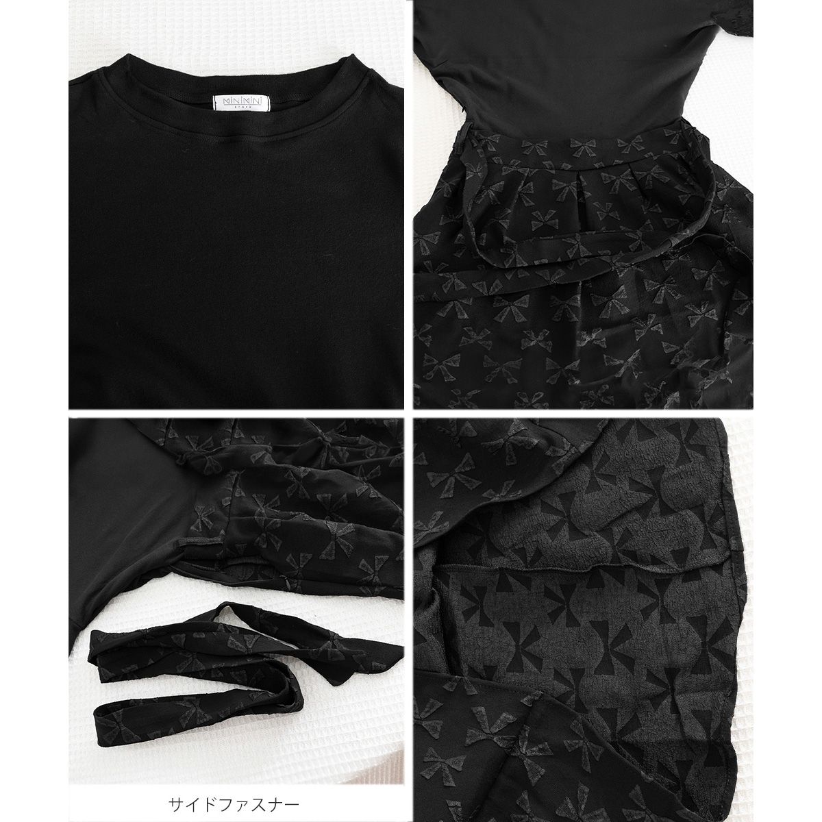 フォーマルカジュアル 入学式対応 リボン柄切替フレアワンピース ウエストベルト付