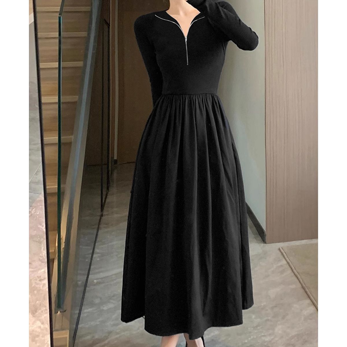 フォーマルカジュアル 通勤用ハーフジップ長袖ワンピース黒