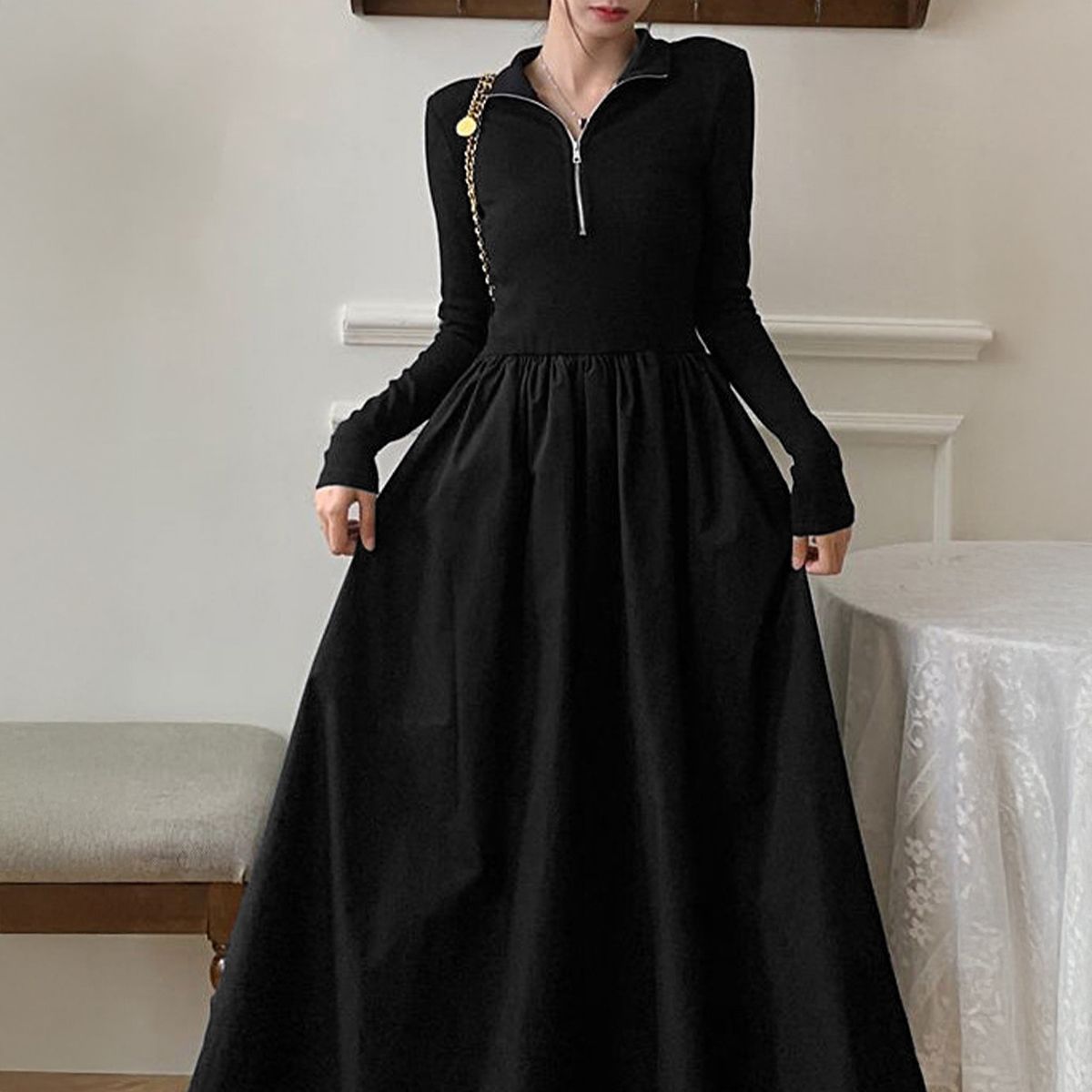 フォーマルカジュアル 通勤用ハーフジップ長袖ワンピース黒